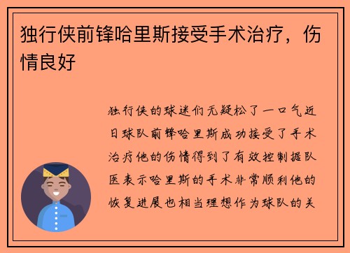 独行侠前锋哈里斯接受手术治疗，伤情良好