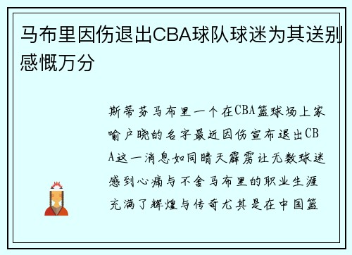 马布里因伤退出CBA球队球迷为其送别感慨万分